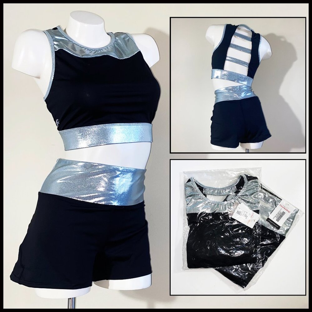 NEW "CHASSE" XXL BLACK AND SILVER GLITTER CHEER OUTFIT - SPORTS TOP & SHORTS